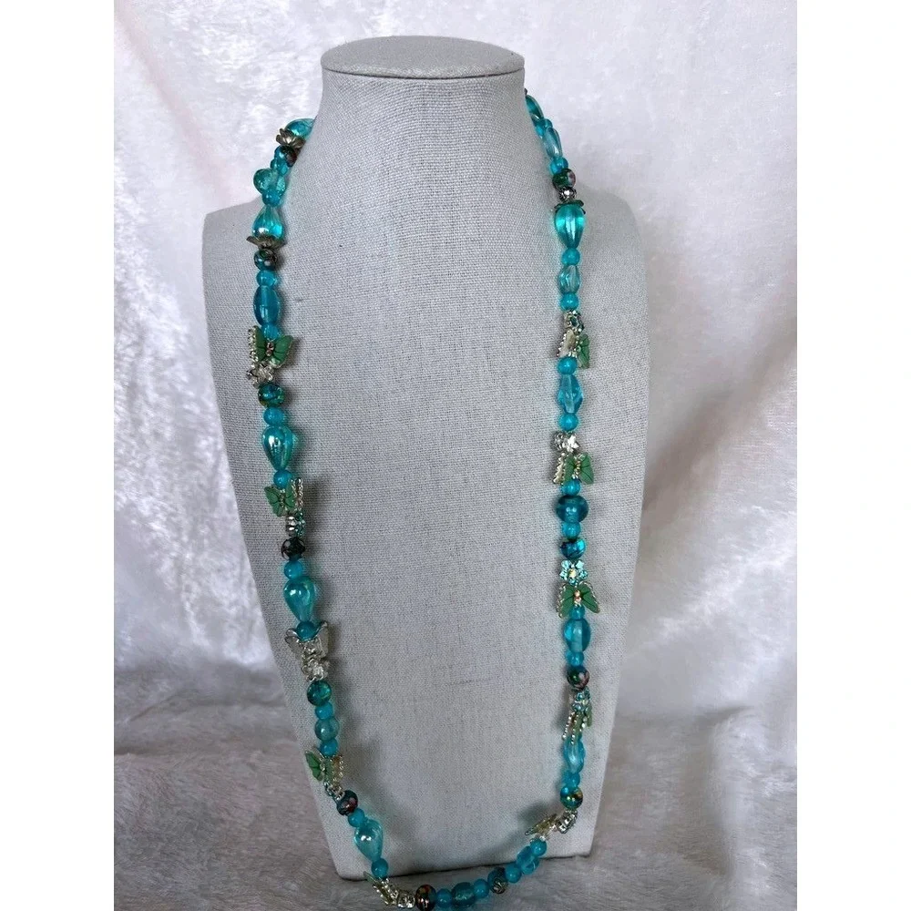 Turquoise Glass Bead Necklace Butterflies Lampwork Foil‎ Artisan 27
